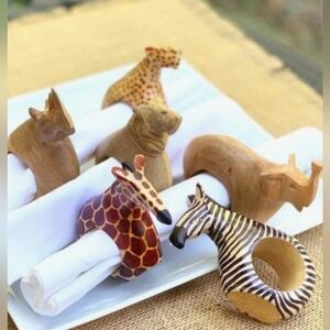 Hand Carved African Mahogany Safari Animals Napkin Rings‎